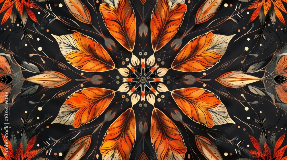 Symmetrical pattern of orange feathers on a dark background Symmetrical pattern of orange feathers on a dark background