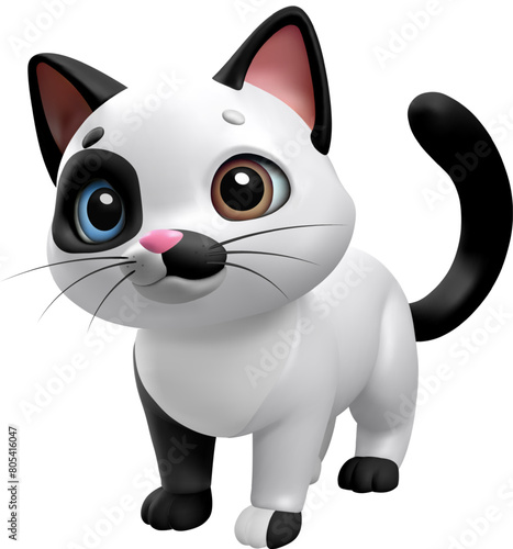 3D Cat. Black and white three-dimensional cat with heterochromia and spots. Figure of a black and white cat on a transparent background, fully vector, made with gradients.