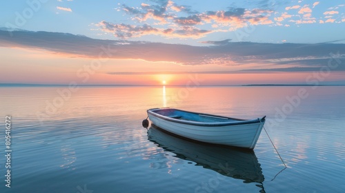 A tranquil scene with a lonely white boat floating on a glassy sea as the sun rises on the horizon, painting the sky with warm hues