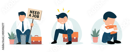 Sad jobless employee carrying sign written Need a Job. Businessman or employee Frustration and depression vector illustration concept