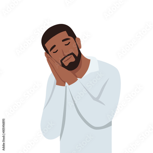 Young tired businessman or boy has fatigue, sleep on workplace while standing in dreaming pose. Flat vector illustration isolated on white background