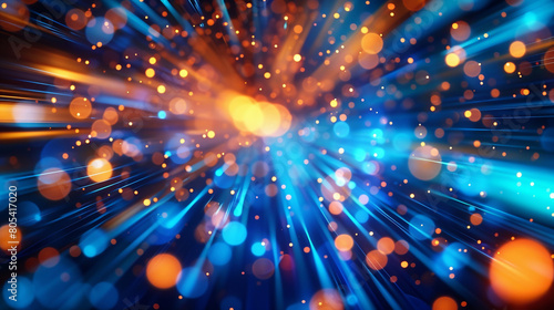 An abstract visualization of sound waves, with blue and orange rays expanding outward from a central point. The scene is brought to life with bokeh lights that pulse and flicker,