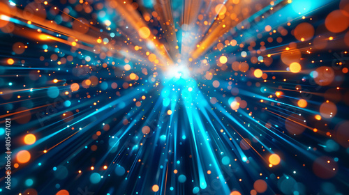 An abstract visualization of sound waves, with blue and orange rays expanding outward from a central point. The scene is brought to life with bokeh lights that pulse and flicker, 