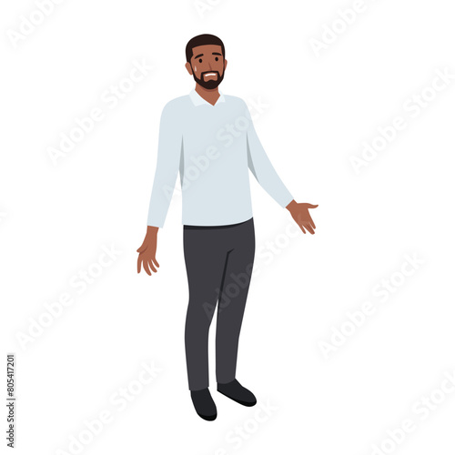 Young black man Gesture oops, sorry or I do not know. The man shrugs and spreads his hands. Flat vector illustration isolated on white background