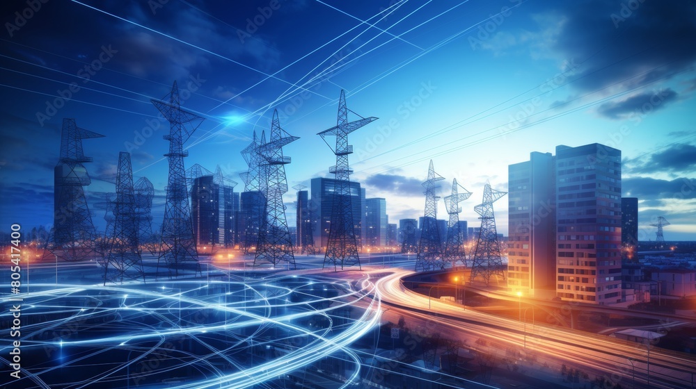 Urban high power poles connected to smart grid, energy supply, power distribution, power transmission, power transmission, high voltage supply, technology, community, city Urban high power poles connected to smart grid, energy supply, power distribution, power transmission, power transmission, high voltage supply, technology, community, city