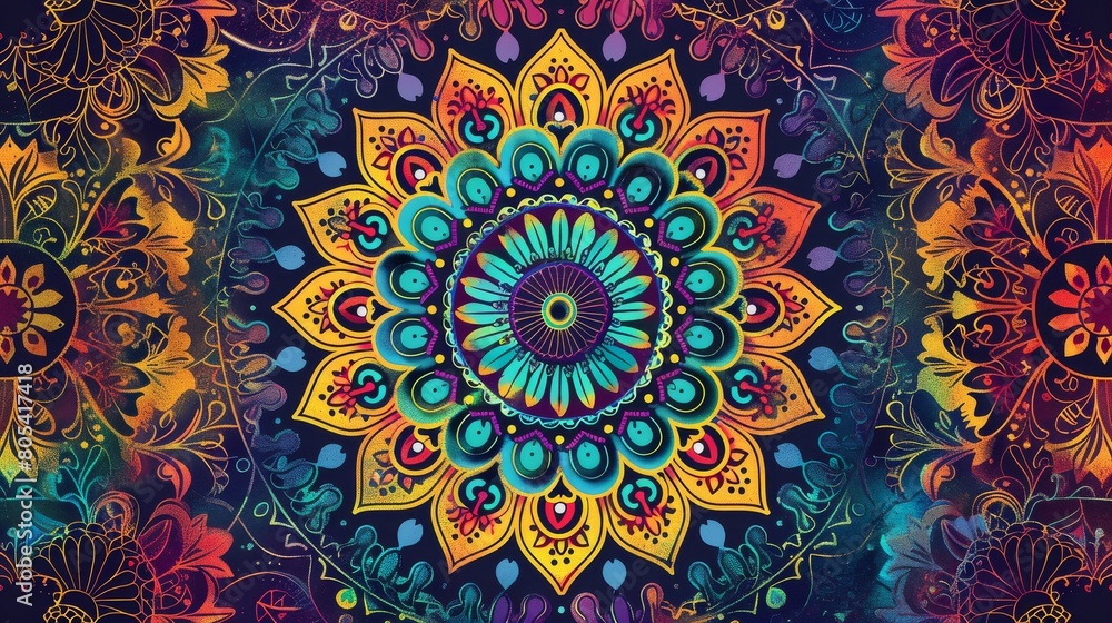 Vibrant mandala radiates a fusion of colors and patterns