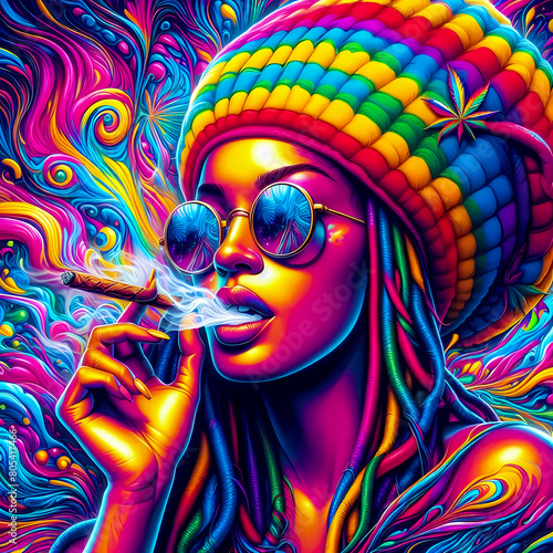 digital art vibrant colorful psychedelic beautiful jamaican woman smoking a blunt © The A.I Studio