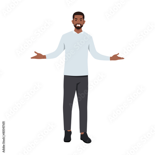 Young black man was confused by something and asked angry. Flat vector illustration isolated on white background