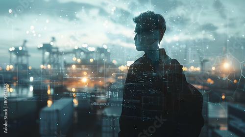 Man Double Exposure with Digital Supply Chain Ecosystem Showcasing Logistic Area Background Concept