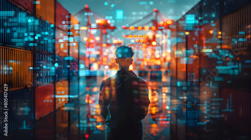 Man Double Exposure with Digital Supply Chain Ecosystem Showcasing Logistic Area Background Concept