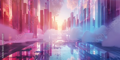 Surreal Cityscape in Pink Hues During Sunset With Clouds and Reflections