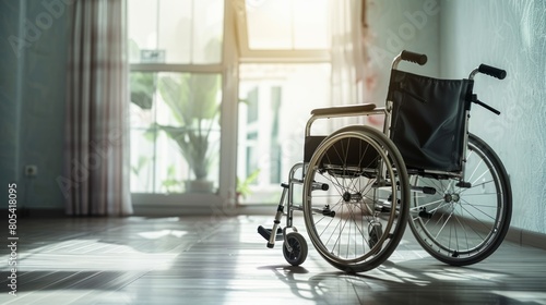 An Empty Wheelchair Positioned Indoors, Illuminated by the Window's Gentle Light