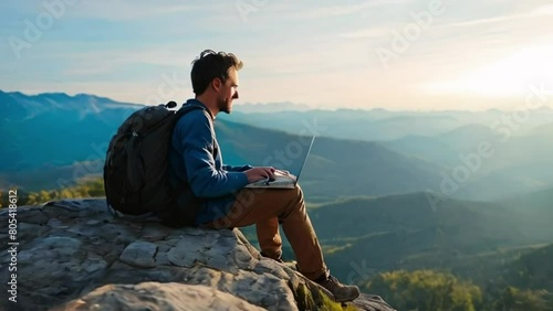Happy digital nomad man working remotely on laptop at scenic mountain summit. Male freelancer living nomadic avdenturous lifestyle. Remote work in nature. Flexible and positive workplace. Copy space photo