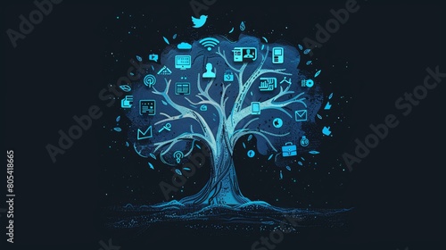 tree with branches and leaves made up in the style of icons representing different types of digital marketing tools like social media photo