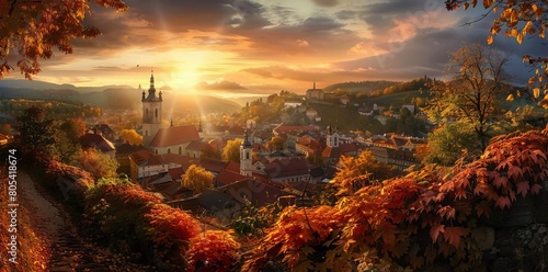 View of Cesky Krumlov City, Czech Republic. Autumn Evening At Sunset. UNESCO World Heritage Site. photo