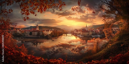 View of Cesky Krumlov City  Czech Republic. Autumn Evening At Sunset. UNESCO World Heritage Site.