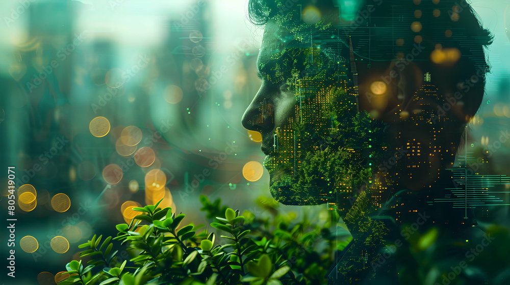 Creative Double Exposure of Man with Green Profit Celebrations A Card: Sustainable Business Success Concept Creative Double Exposure of Man with Green Profit Celebrations A Card: Sustainable Business Success Concept