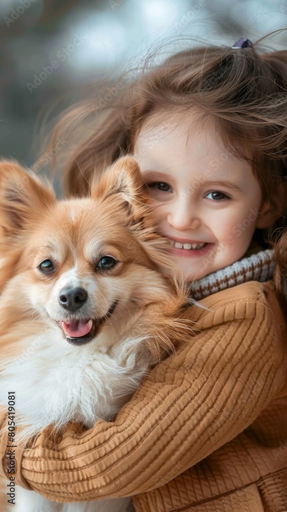 A little girl holding a small dog in her arms, both with happy expressions A little girl holding a small dog in her arms, both with happy expressions