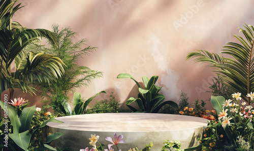 A photorealistic scene of an outdoor garden with lush greenery, wildflowers and palm trees surrounding a stone podium for product display. The background is a soft pastel colored wall photo