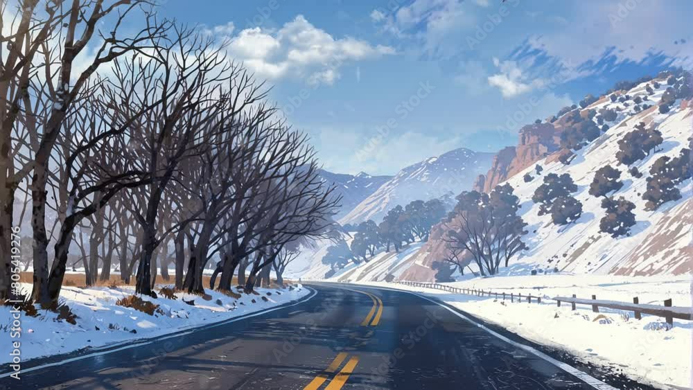 Embark on a scenic drive through the snowy woods with this mesmerizing 4k looping video showcasing a road in a snow-covered forest Embark on a scenic drive through the snowy woods with this mesmerizing 4k looping video showcasing a road in a snow-covered forest