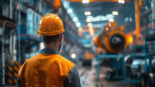 An industrial worker in reflective clothing and a safety helmet stands contemplating the expansive machinery and work happening on a factory floor