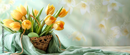 Blooming beauty easter greeting card with yellow tulips, easter eggs in basket on light pastel background