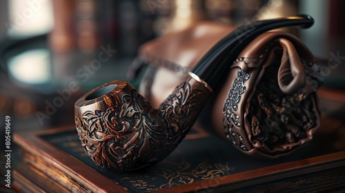 a beautifully crafted smoking pipe made from briar wood with intricate designs, resting on top of an open tobacco pouch filled with rich, aromatic pipe tobacco photo