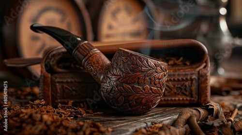 a beautifully crafted smoking pipe made from briar wood with intricate designs, resting on top of an open tobacco pouch filled with rich, aromatic pipe tobacco