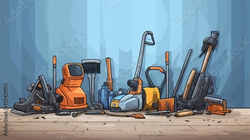 Set of construction tools on table against grey bac photo