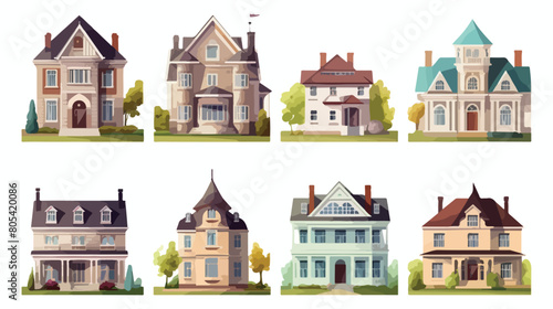 Set of different styles residential houses. Colorfu