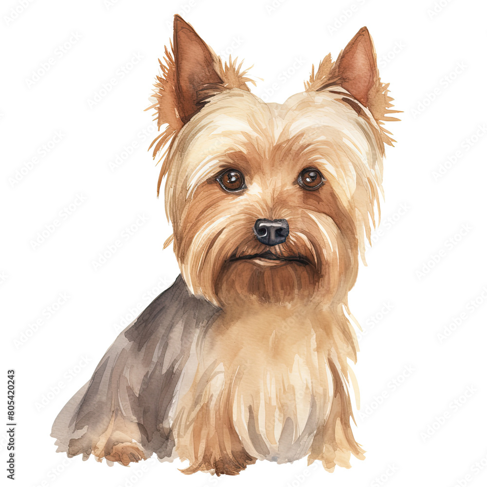 AI-Generated Watercolor cute Yorkshire Terrier sitting Clip Art Illustration. Isolated elements on a white background.