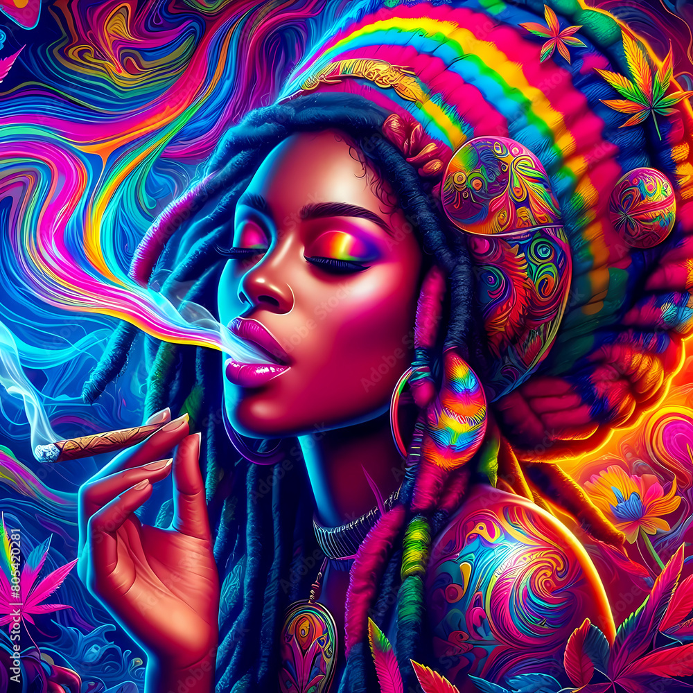 digital art vibrant colorful psychedelic beautiful jamaican woman smoking a blunt