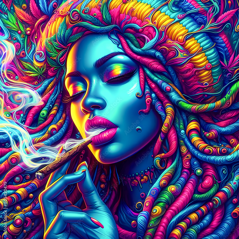 digital art vibrant colorful psychedelic beautiful jamaican woman smoking a blunt