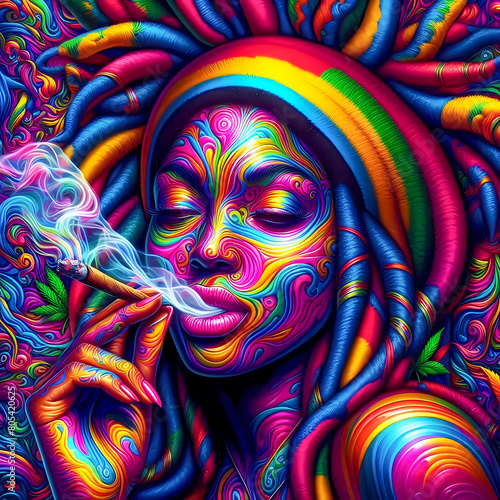 digital art vibrant colorful psychedelic beautiful jamaican woman smoking a blunt