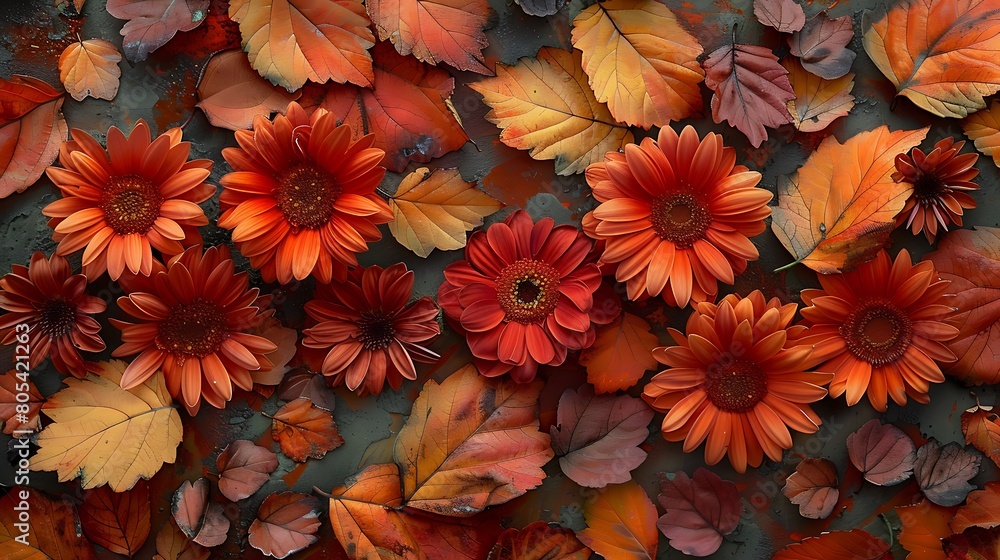 Close-up of rust-colored chrysanthemums and scattered autumn leaves, forming a textured and layered artistic collage. Close-up of rust-colored chrysanthemums and scattered autumn leaves, forming a textured and layered artistic collage.