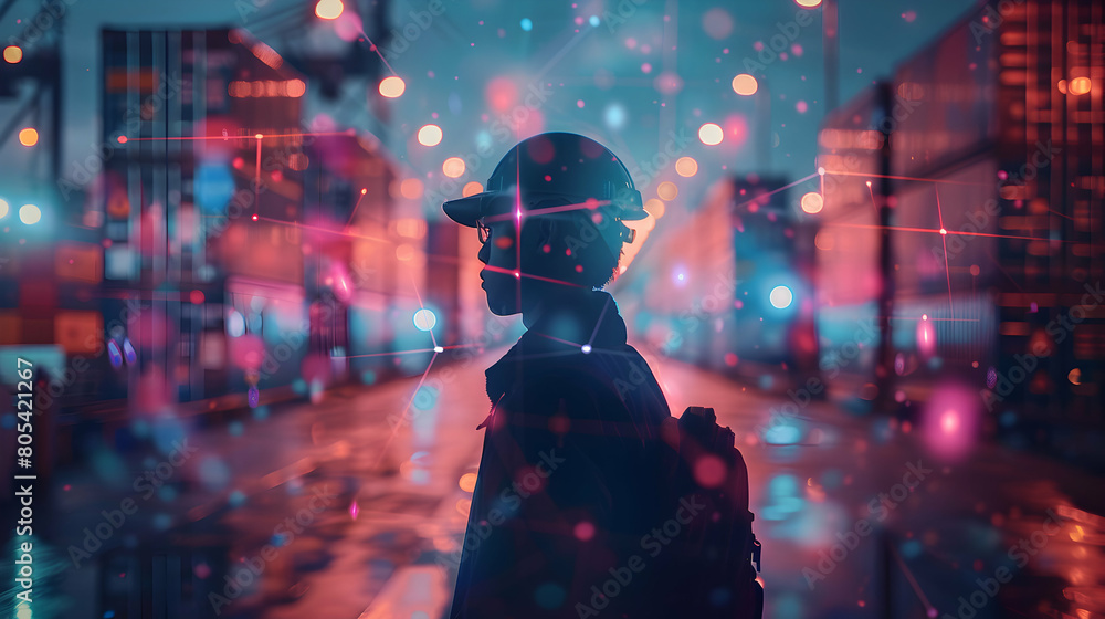 Man Double Exposure Emphasizing Technology's Role in Logistics Networks with Logistic Area Background Man Double Exposure Emphasizing Technology's Role in Logistics Networks with Logistic Area Background