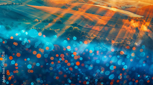 An abstract aerial view of a landscape where blue and orange light rays form a patchwork quilt of colors. The bokeh effects add a sense of scale  photo
