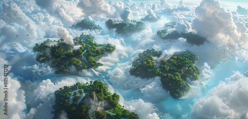 Amidst the whirlwind clouds, a chain of islands floats serenely, each a utopia of lush forests, sparkling rivers, and harmonious ecosystems. 