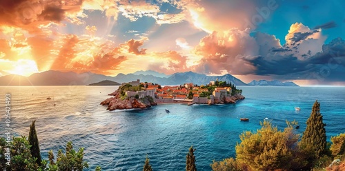 Beautiful view of the small island of Sveti Stefan. Location place Montenegro, Adriatic sea, Europe. photo