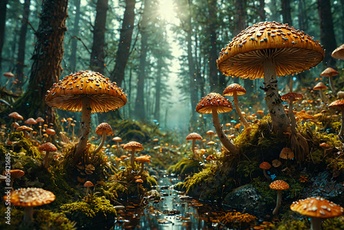 A stunning vista of the forest adorned with mushrooms scattered throughout the landscape, Generative AI photo