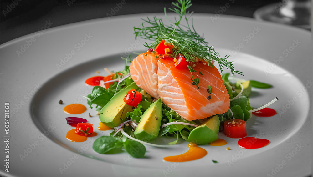 salad with avocado, red fish, greens lettuce salad with avocado, red fish, greens lettuce