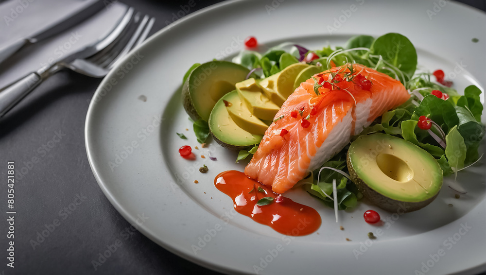 salad with avocado, red fish, greens lunch salad with avocado, red fish, greens lunch