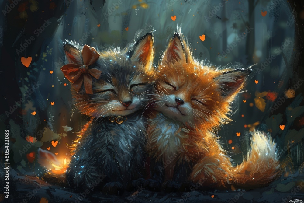A cute cat and fox couple in love. A cute cat and fox couple in love.