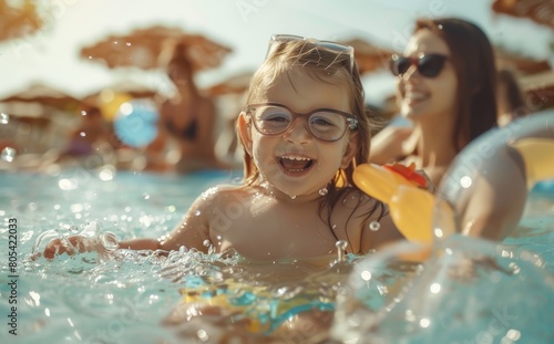 Image of mother with child in summer fun happy and smiling in swimming pool with life ring.