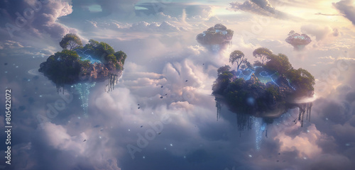 Above a cloud-covered world, floating islands drift in the embrace of gentle whirlwinds. The atmosphere is alive with the soft glow of bioluminescent plants and ethereal wildlife, 