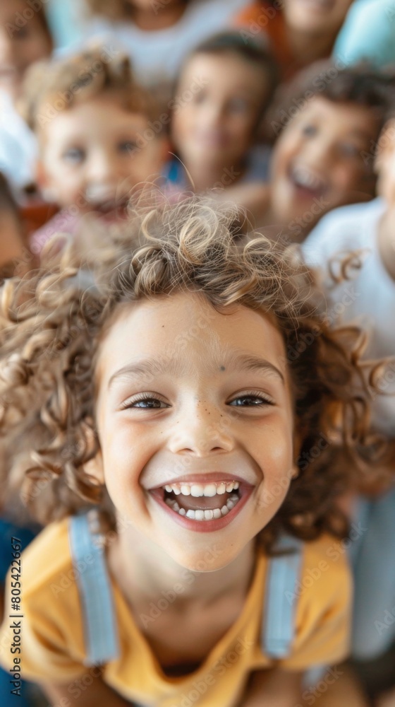 A lively group of young children stand together, exuding joy and friendship A lively group of young children stand together, exuding joy and friendship