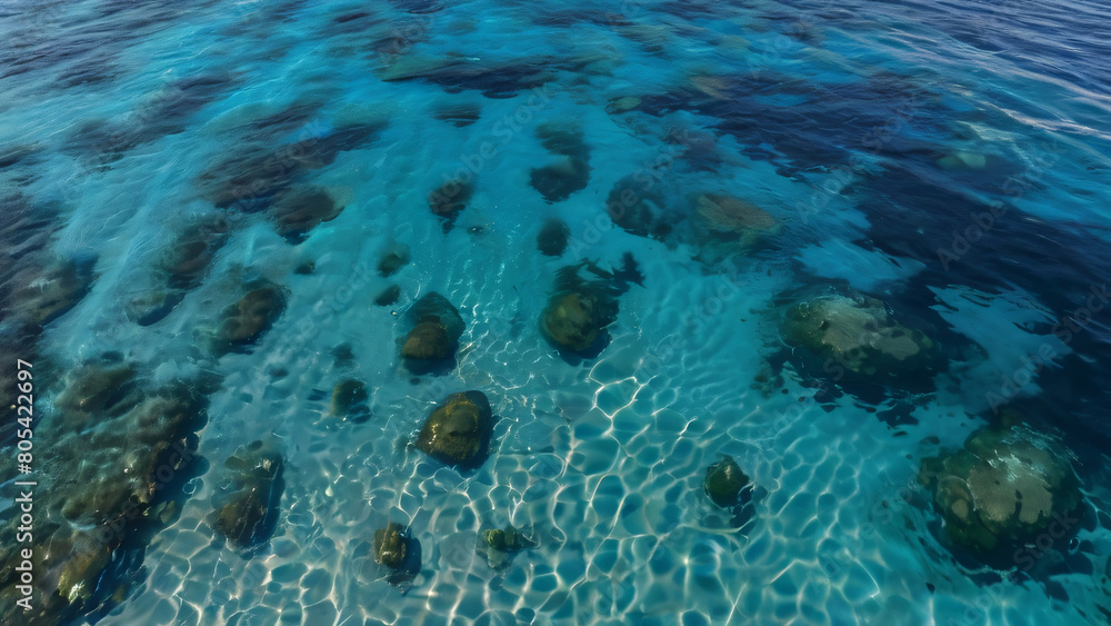 Fototapeta premium “Aerial View of a Coral Reef in Shallow Blue Waters