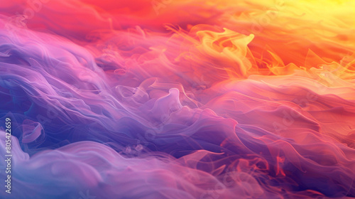 Ethereal smoke in a spectrum of sunset colors, gracefully flowing across the frame like waves on a tropical shore at dusk.