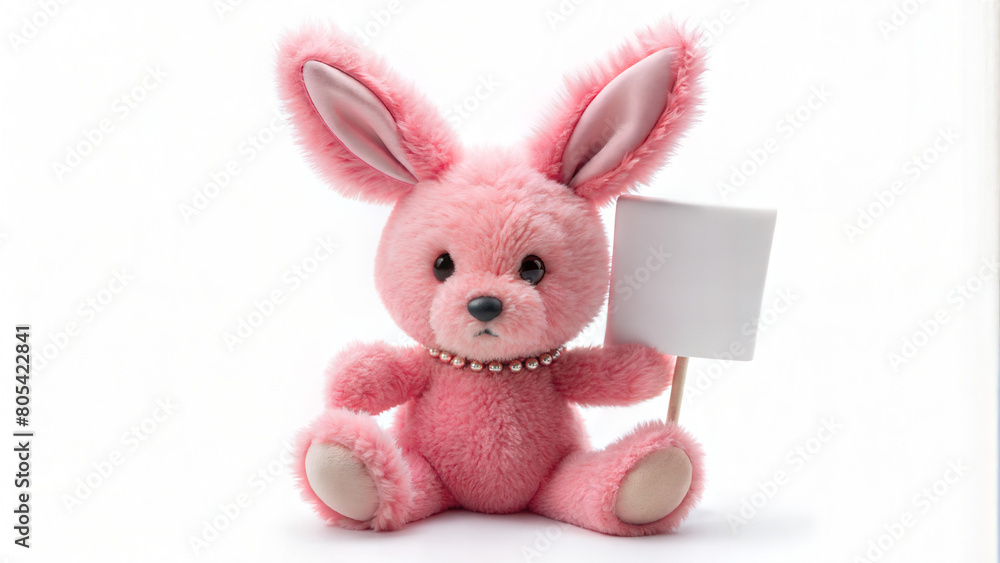 Cute pink plush bunny with a beaded necklace holding a small blank sign, perfect for gifts, kids, or decor. A cuddly and charming stuffed toy isolated on a white background with a soft, fluffy texture Cute pink plush bunny with a beaded necklace holding a small blank sign, perfect for gifts, kids, or decor. A cuddly and charming stuffed toy isolated on a white background with a soft, fluffy texture