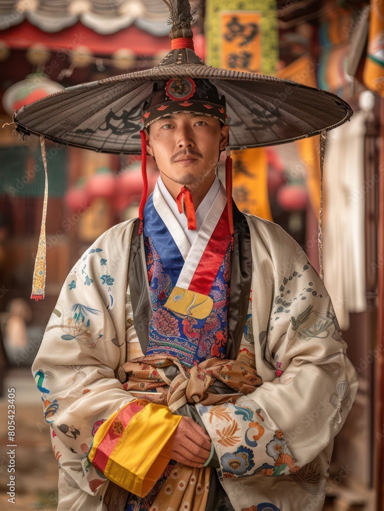 An attentive Korean man dressed in an ornate hanbok with a traditional hat and a large umbrella, showcasing cultural fashion